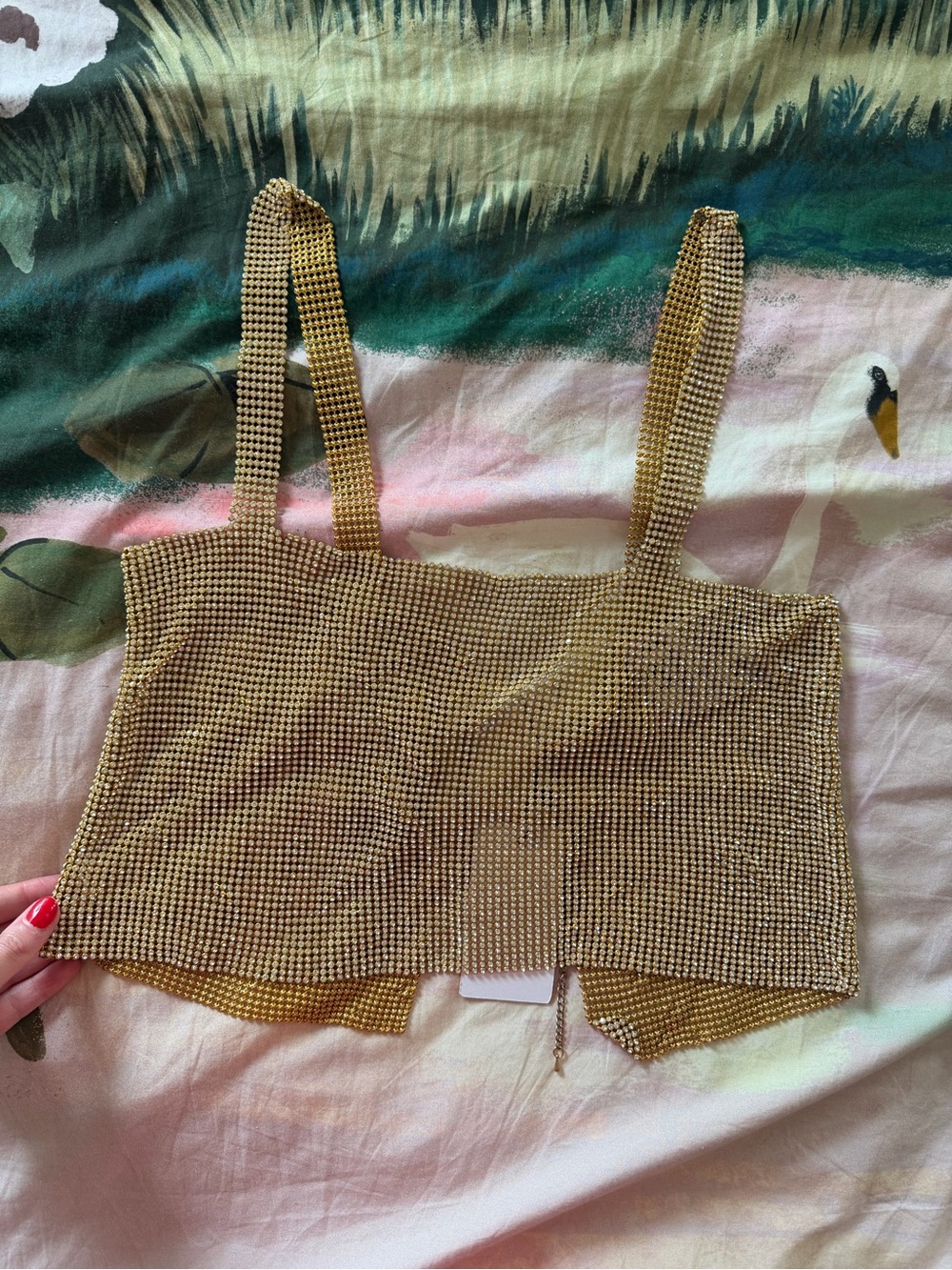 Line and Dot Gold Rhinestone Strap Crop Top